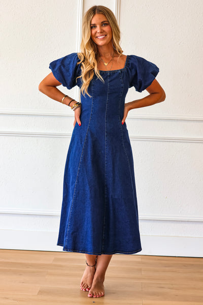 Heartland Muse Denim Puff Sleeve Midi